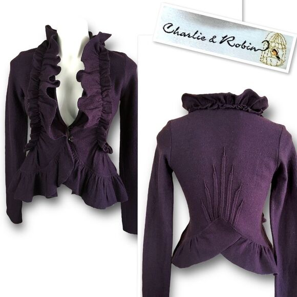 Anthropologie Charlie & Robin Ruffle Boiled Wool Cardigan In Purple Size XS - Picture 3 of 13